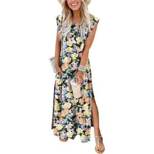 image:imageANRABESS Summer Dress for Women 2026 Maxi Sundresses Casual Cap Sleeve Crew Neck Loose Split Beach Travel Vacation OutfitsFloral Orange Yellow