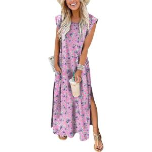 image:imageANRABESS Summer Dress for Women 2026 Maxi Sundresses Casual Cap Sleeve Crew Neck Loose Split Beach Travel Vacation OutfitsFloral Purple Pink