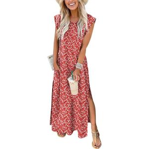 image:imageANRABESS Summer Dress for Women 2026 Maxi Sundresses Casual Cap Sleeve Crew Neck Loose Split Beach Travel Vacation OutfitsFloral Red