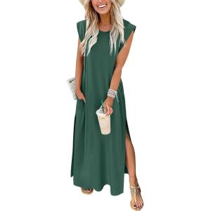 image:imageANRABESS Summer Dress for Women 2026 Maxi Sundresses Casual Cap Sleeve Crew Neck Loose Split Beach Travel Vacation OutfitsForest Green