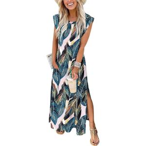 image:imageANRABESS Summer Dress for Women 2026 Maxi Sundresses Casual Cap Sleeve Crew Neck Loose Split Beach Travel Vacation OutfitsLeaf Printed