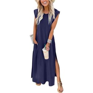 image:imageANRABESS Summer Dress for Women 2026 Maxi Sundresses Casual Cap Sleeve Crew Neck Loose Split Beach Travel Vacation OutfitsNavy Blue