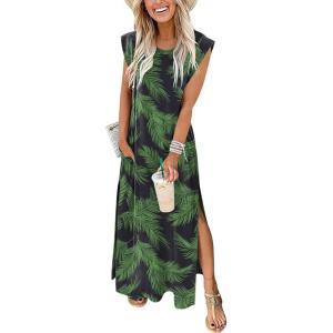 image:imageANRABESS Summer Dress for Women 2026 Maxi Sundresses Casual Cap Sleeve Crew Neck Loose Split Beach Travel Vacation OutfitsNavy Green Leaves