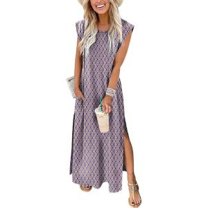 image:imageANRABESS Summer Dress for Women 2026 Maxi Sundresses Casual Cap Sleeve Crew Neck Loose Split Beach Travel Vacation OutfitsOrange Rhombus