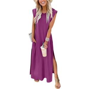 image:imageANRABESS Summer Dress for Women 2026 Maxi Sundresses Casual Cap Sleeve Crew Neck Loose Split Beach Travel Vacation OutfitsPurple Red