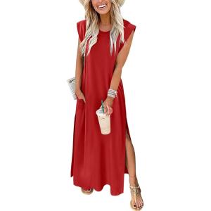 image:imageANRABESS Summer Dress for Women 2026 Maxi Sundresses Casual Cap Sleeve Crew Neck Loose Split Beach Travel Vacation OutfitsRed