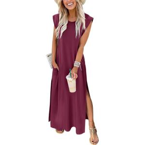 image:imageANRABESS Summer Dress for Women 2026 Maxi Sundresses Casual Cap Sleeve Crew Neck Loose Split Beach Travel Vacation OutfitsWine Red