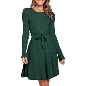 image:imageANRABESS Sweater Dress for Women 2025 Fall Trendy Long Sleeve Crew Neck A Line Midi Tie Waist Ribed Knit Elegant Swing Bodycon Skater Mini Dress for Wedding Guest 669shenlvS Green