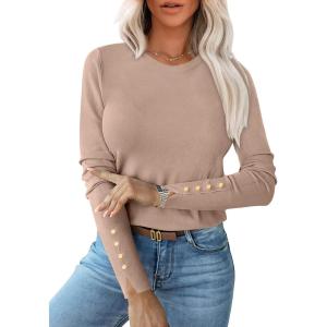 image:imageANRABESS Sweaters for Women Long Sleeve Crewneck Fitted Business Casual Pullover Tops 2025 Fall Outfits with Button CuffAlmond