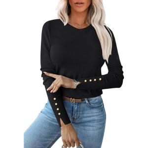 image:imageANRABESS Sweaters for Women Long Sleeve Crewneck Fitted Business Casual Pullover Tops 2025 Fall Outfits with Button CuffBlack