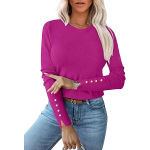 image:imageANRABESS Sweaters for Women Long Sleeve Crewneck Fitted Business Casual Pullover Tops 2025 Fall Outfits with Button CuffBright Plum Red