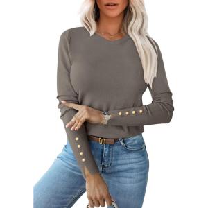 image:imageANRABESS Sweaters for Women Long Sleeve Crewneck Fitted Business Casual Pullover Tops 2025 Fall Outfits with Button CuffCamel