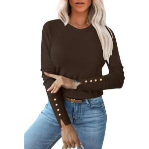 image:imageANRABESS Sweaters for Women Long Sleeve Crewneck Fitted Business Casual Pullover Tops 2025 Fall Outfits with Button CuffCoffee