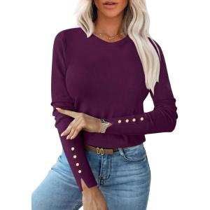 image:imageANRABESS Sweaters for Women Long Sleeve Crewneck Fitted Business Casual Pullover Tops 2025 Fall Outfits with Button CuffDark Purple