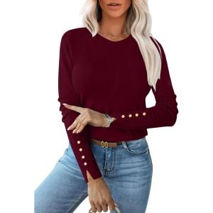 image:imageANRABESS Sweaters for Women Long Sleeve Crewneck Fitted Business Casual Pullover Tops 2025 Fall Outfits with Button CuffDeep Red