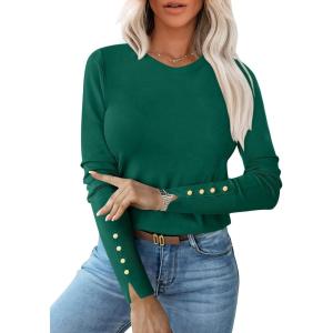 image:imageANRABESS Sweaters for Women Long Sleeve Crewneck Fitted Business Casual Pullover Tops 2025 Fall Outfits with Button CuffGreen