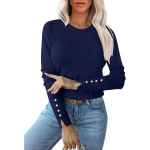 image:imageANRABESS Sweaters for Women Long Sleeve Crewneck Fitted Business Casual Pullover Tops 2025 Fall Outfits with Button CuffNavy Blue