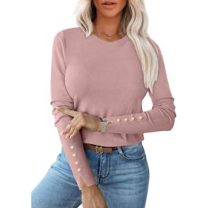 image:imageANRABESS Sweaters for Women Long Sleeve Crewneck Fitted Business Casual Pullover Tops 2025 Fall Outfits with Button CuffPink