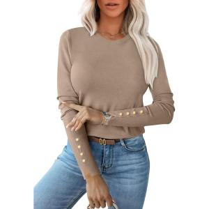 image:imageANRABESS Sweaters for Women Long Sleeve Crewneck Fitted Business Casual Pullover Tops 2025 Fall Outfits with Button CuffTan