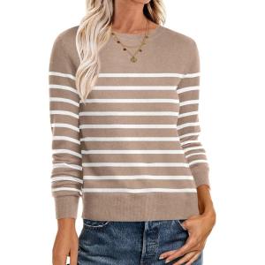image:imageANRABESS Sweaters for Women Long Sleeve Lightweight Crewneck Soft Basic Knit Loose Fit Pullover Top 2025 Fall Trendy OutfitsKhaki White