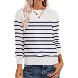 image:imageANRABESS Sweaters for Women Long Sleeve Lightweight Crewneck Soft Basic Knit Loose Fit Pullover Top 2025 Fall Trendy OutfitsWhite Navy Blue