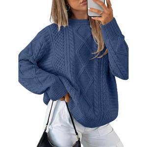 image:imageANRABESS Sweaters for Women Oversized Cable Knit Fall Long Sleeve Crewneck Casual Pullover Sweater Tops 2025 Winter OutfitsDeep Blue