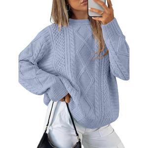 image:imageANRABESS Sweaters for Women Oversized Cable Knit Fall Long Sleeve Crewneck Casual Pullover Sweater Tops 2025 Winter OutfitsGrey Blue