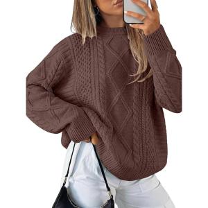 image:imageANRABESS Sweaters for Women Oversized Cable Knit Fall Long Sleeve Crewneck Casual Pullover Sweater Tops 2025 Winter OutfitsRed Brown