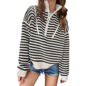image:imageANRABESS Sweaters for Women Striped Half Zip Long Sleeve Ribbed Knit Pullover Comfy Casual Lightweight Tops 2025 Fall FashionStriped Black Beige