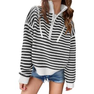 image:imageANRABESS Sweaters for Women Striped Half Zip Long Sleeve Ribbed Knit Pullover Comfy Casual Lightweight Tops 2025 Fall FashionStriped Black White