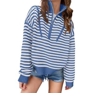 image:imageANRABESS Sweaters for Women Striped Half Zip Long Sleeve Ribbed Knit Pullover Comfy Casual Lightweight Tops 2025 Fall FashionStriped Blue White