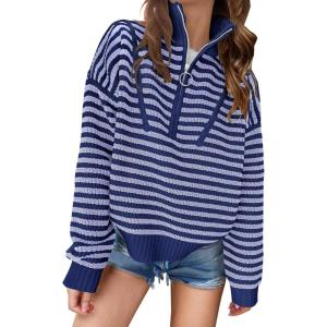 image:imageANRABESS Sweaters for Women Striped Half Zip Long Sleeve Ribbed Knit Pullover Comfy Casual Lightweight Tops 2025 Fall FashionStriped Navy Purple