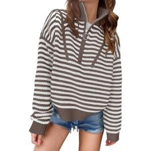 image:imageANRABESS Sweaters for Women Striped Half Zip Long Sleeve Ribbed Knit Pullover Comfy Casual Lightweight Tops 2025 Fall FashionStriped White Camel