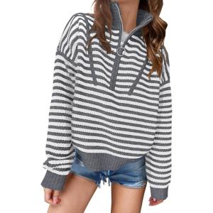image:imageANRABESS Sweaters for Women Striped Half Zip Long Sleeve Ribbed Knit Pullover Comfy Casual Lightweight Tops 2025 Fall FashionStriped White Grey