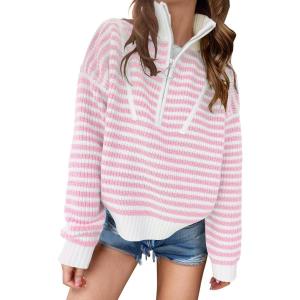 image:imageANRABESS Sweaters for Women Striped Half Zip Long Sleeve Ribbed Knit Pullover Comfy Casual Lightweight Tops 2025 Fall FashionStriped White Light Pink