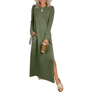 image:imageANRABESS Women Long Sleeve Dresses 2025 Fall Casual Crewneck Loose Fit Split Flowy WrinkleFree Travel Vacation Maxi DressArmy Green
