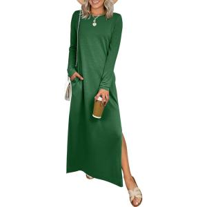 image:imageANRABESS Women Long Sleeve Dresses 2025 Fall Casual Crewneck Loose Fit Split Flowy WrinkleFree Travel Vacation Maxi DressForest Green