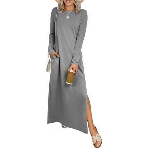 image:imageANRABESS Women Long Sleeve Dresses 2025 Fall Casual Crewneck Loose Fit Split Flowy WrinkleFree Travel Vacation Maxi DressGrey