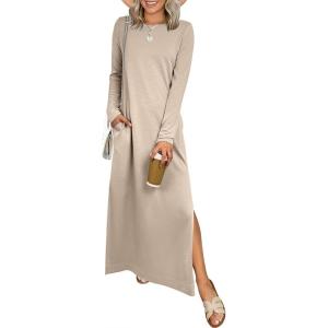 image:imageANRABESS Women Long Sleeve Dresses 2025 Fall Casual Crewneck Loose Fit Split Flowy WrinkleFree Travel Vacation Maxi DressKhaki