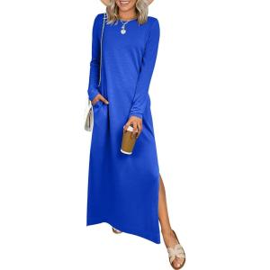 image:imageANRABESS Women Long Sleeve Dresses 2025 Fall Casual Crewneck Loose Fit Split Flowy WrinkleFree Travel Vacation Maxi DressRoyal Blue