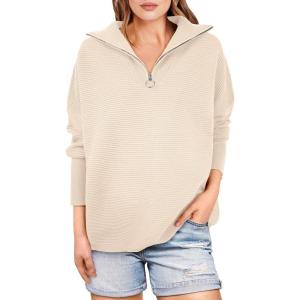 image:imageANRABESS Women Quarter Zip Oversized Casual Loose Rib Knit Cozy Pullover Sweaters Top 2025 Fall Fashion Outfits ClothesApricot  Parchment