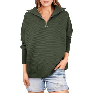 image:imageANRABESS Women Quarter Zip Oversized Casual Loose Rib Knit Cozy Pullover Sweaters Top 2025 Fall Fashion Outfits ClothesArmy Green