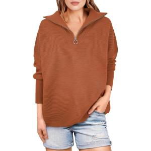 image:imageANRABESS Women Quarter Zip Oversized Casual Loose Rib Knit Cozy Pullover Sweaters Top 2025 Fall Fashion Outfits ClothesBrick  Orange Rust