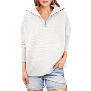 image:imageANRABESS Women Quarter Zip Oversized Casual Loose Rib Knit Cozy Pullover Sweaters Top 2025 Fall Fashion Outfits ClothesCream  White