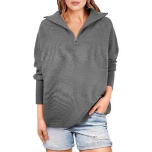 image:imageANRABESS Women Quarter Zip Oversized Casual Loose Rib Knit Cozy Pullover Sweaters Top 2025 Fall Fashion Outfits ClothesDark Grey