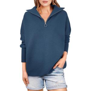 image:imageANRABESS Women Quarter Zip Oversized Casual Loose Rib Knit Cozy Pullover Sweaters Top 2025 Fall Fashion Outfits ClothesDusty Deep Blue