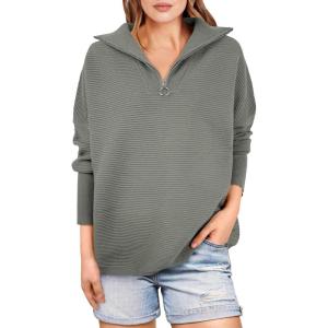 image:imageANRABESS Women Quarter Zip Oversized Casual Loose Rib Knit Cozy Pullover Sweaters Top 2025 Fall Fashion Outfits ClothesGrass Green