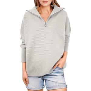 image:imageANRABESS Women Quarter Zip Oversized Casual Loose Rib Knit Cozy Pullover Sweaters Top 2025 Fall Fashion Outfits ClothesGray