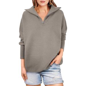 image:imageANRABESS Women Quarter Zip Oversized Casual Loose Rib Knit Cozy Pullover Sweaters Top 2025 Fall Fashion Outfits ClothesGray Khaki