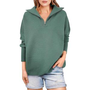 image:imageANRABESS Women Quarter Zip Oversized Casual Loose Rib Knit Cozy Pullover Sweaters Top 2025 Fall Fashion Outfits ClothesGreen